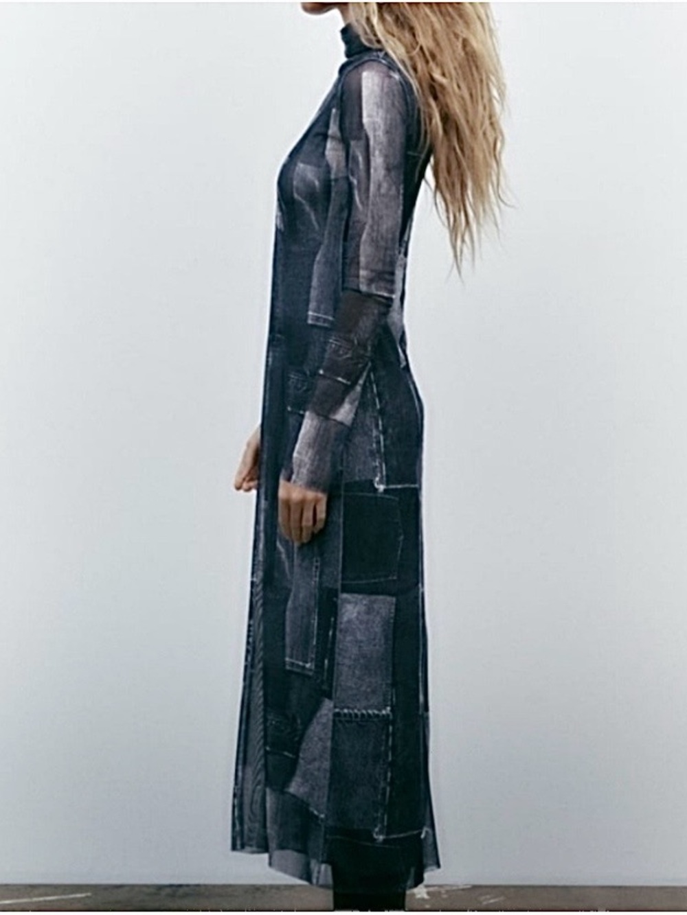 Zara Patchwork Tulle Mesh Sheer Midi Maxi Dress Gray Blue Denim Look Size XL - Picture 3 of 15